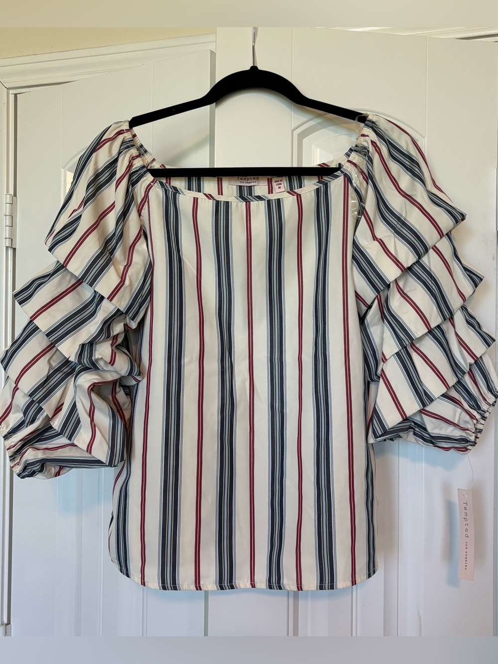 Tempted Striped Ruffle Sleeve Blouse - White, Navy & Red